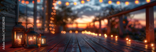 A wooden bridge with lights on it and a string of lights in the background.