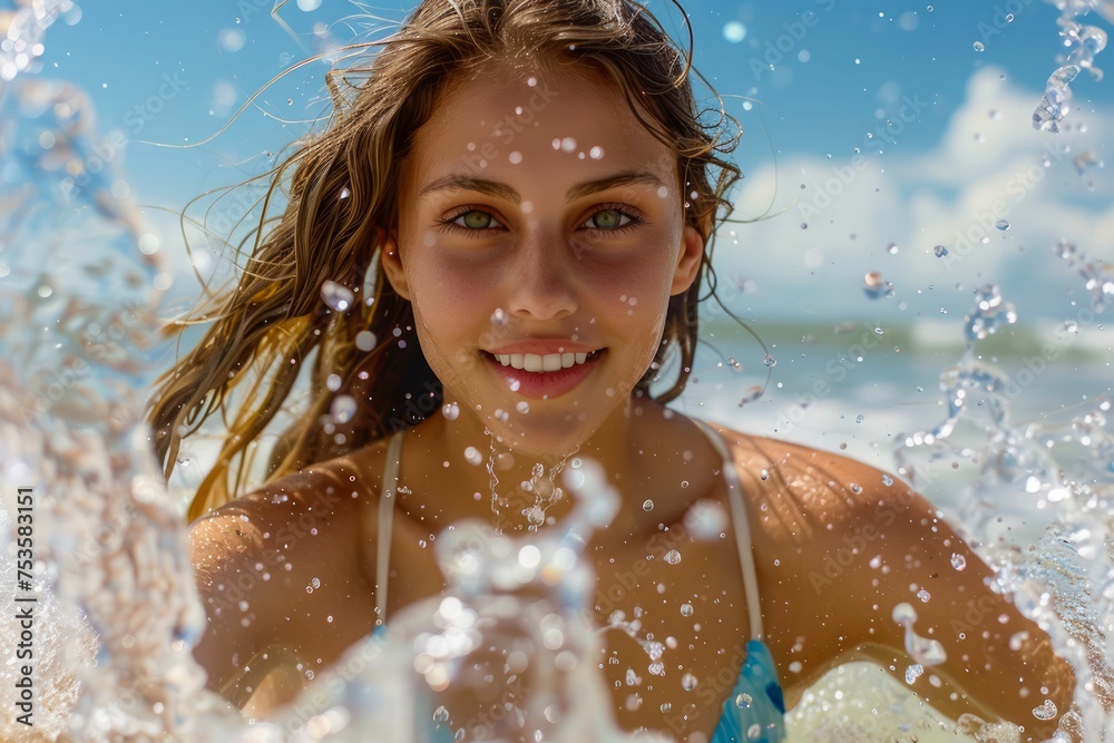 Obraz premium Young Woman Enjoying Summer Fun Splashing in the Sea with Sunlit Water Droplets