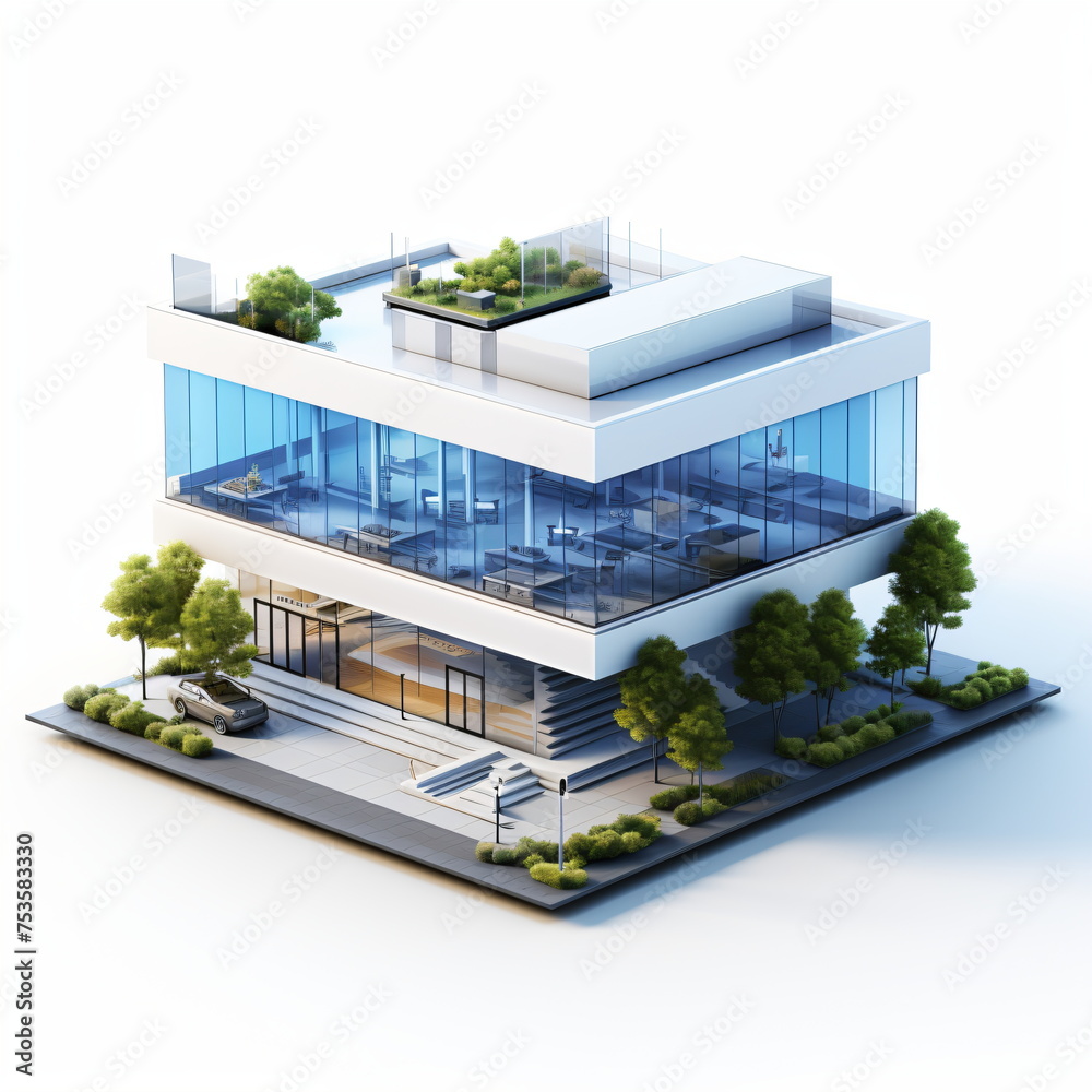 3d render of a modern building. Isometric image of office building on white background 3d render of a modern building. Isometric image of office building on white background
