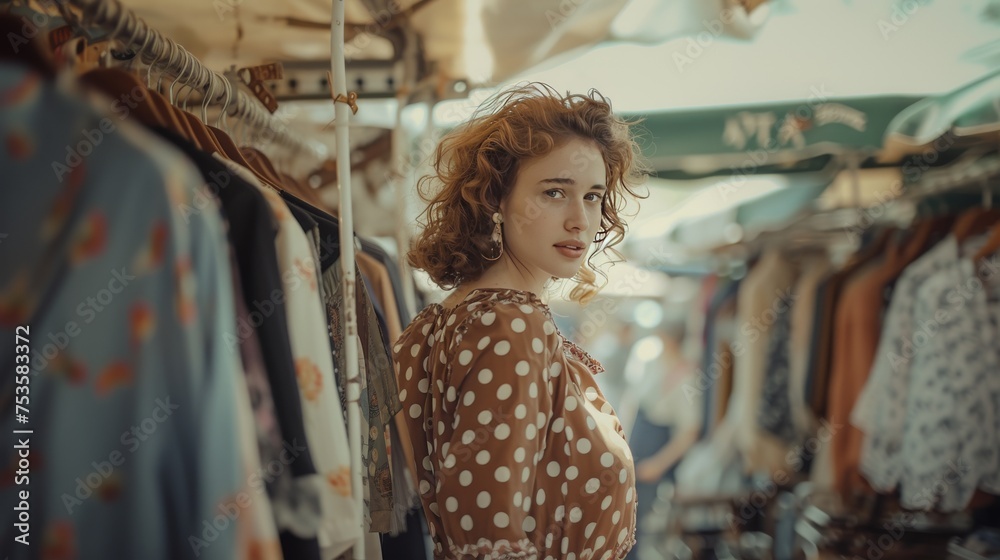 Young woman standing in street market of clothes on summer day. Secondhand clothing store. Vintage clothes in a store on sale. Recycling and life extension for clothes concept. Generative ai