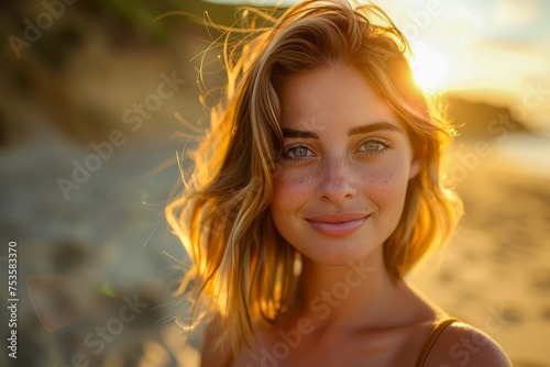 Radiant Young Woman with Freckles Smiling at Sunset on Beach with Golden Sunlight Illuminating Hair © pisan