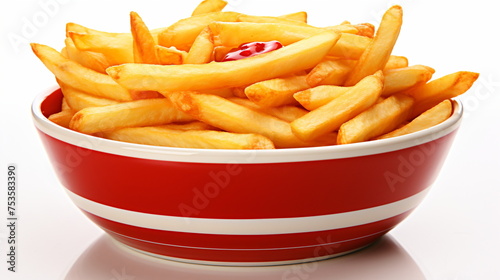 Salted French fries in red bowl on white background. Isolated