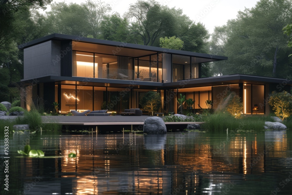 Obraz premium A modern minimalist house nestled along the banks of a tranquil river