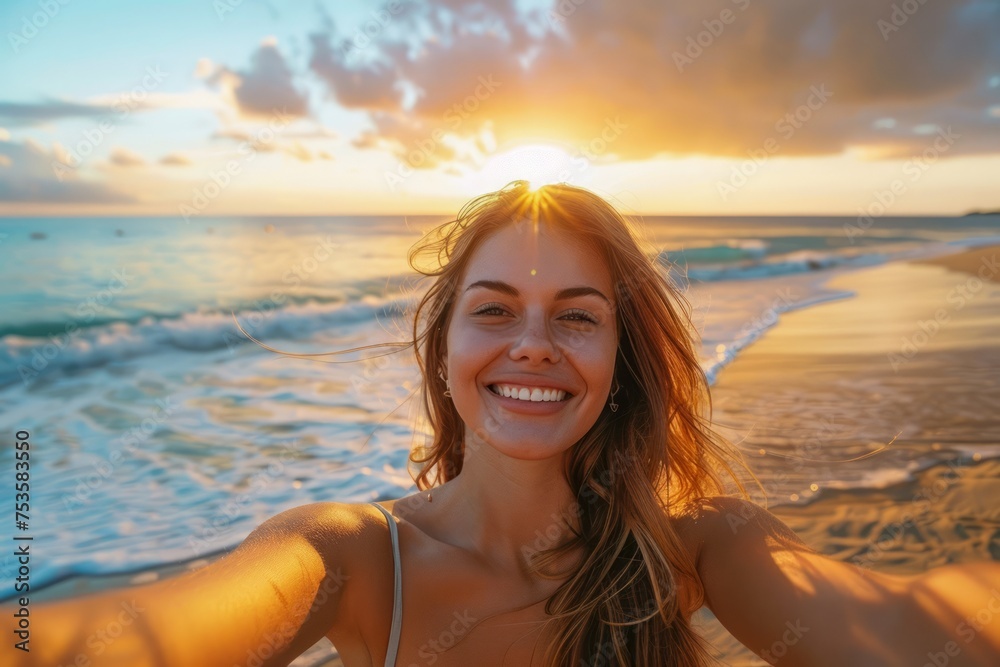 Young Woman Taking a Selfie on a Sunny Beach at Sunset with Waves and Clear Sky Young Woman Taking a Selfie on a Sunny Beach at Sunset with Waves and Clear Sky