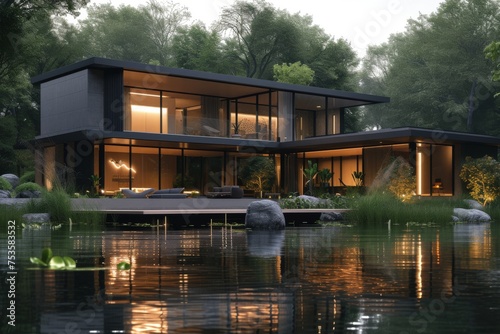 A modern minimalist house nestled along the banks of a tranquil river