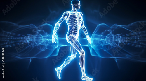 concept of orthopedic technique and joints, graphics of a running person with x-ray