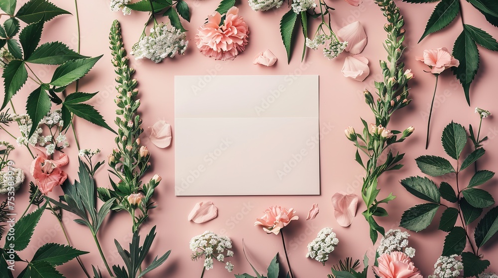 Beautiful greeting card mockup with gift box and flowers, blank card with copy space for design,generative ai, Beautiful greeting card mockup with gift box and flowers, blank card with copy space for design,generative ai,