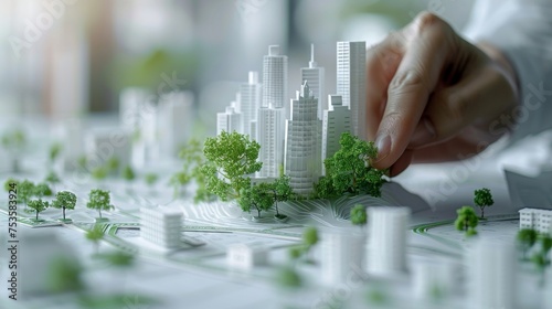 Man modeling sustainable green city concept with eco friendly white buildings and small trees from paper, representing urban planning and environmental conservation. Generative ai photo