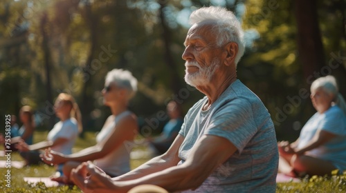 Happy senior people doing yoga pilates exercises outdoor, city park in background. Healthy lifestyle and joyful elderly concept. Generative ai © Iuliia Metkalova