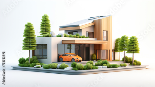 View of 3d house model, isometric view small house model with car and trees isolated on white background