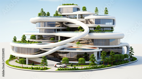 3d illustration of futuristic building, house, hotel, villa, hospital architecture with nature garden, Condominium