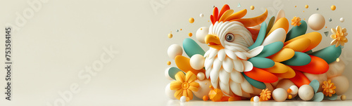 Panoramic vibrant 3d illustration of a colorful fantasy bird. Whimsical digital art piece featuring a stylized chicken with a riot of colors and abstract eggs for bookmark or banner photo