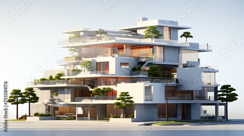 View of 3d house model, isometric view small house model with car and trees isolated on white background