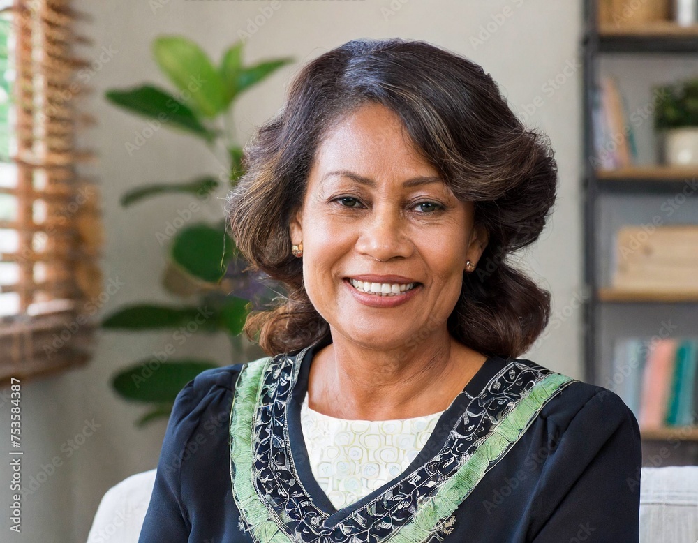 Foto de Сlose up portrait of beautiful black african american old woman senior older female in