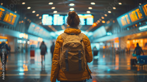 Traveler with yellow backpack facing airport departure boards. photo