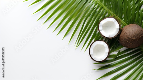 Coconut palm tree leaves isolated on white background with copy space, green leaves background