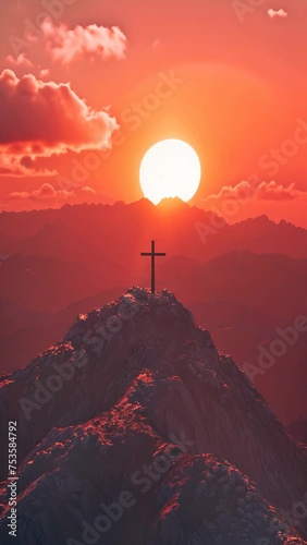 a cross on a mountain in a beautiful shining sky scene rays of light shining into the holy cross of Jesus, death and resurrection of Jesus Christ 4k vertical video