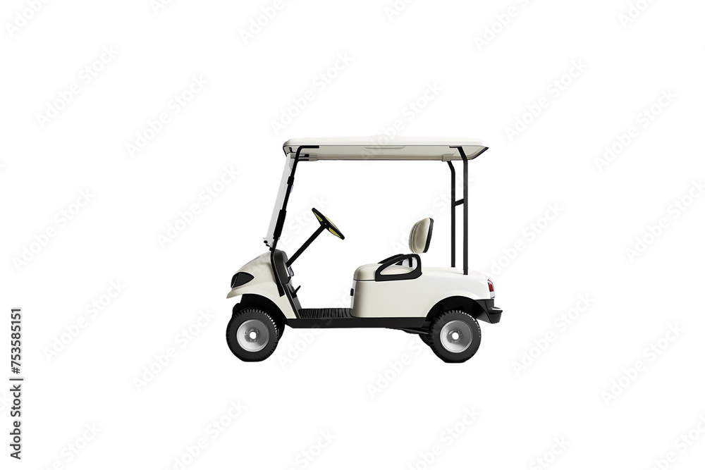 A white golf cart, perfect for navigating grassy courses or transporting equipment, sits alone on a clean background