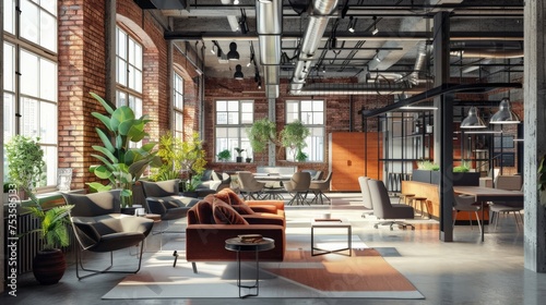 Contemporary co working loft interior with furniture and daylight. Workplace concept.