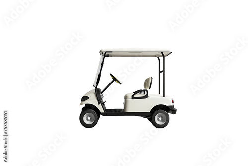 A white golf cart, perfect for navigating grassy courses or transporting equipment, sits alone on a clean background