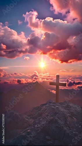 a cross on a mountain in a beautiful shining sky scene rays of light shining into the holy cross of Jesus, death and resurrection of Jesus Christ 4k vertical video