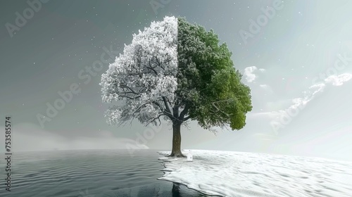 Seasonal contrast white snow covered tree and green summer tree outdoors global warming concept