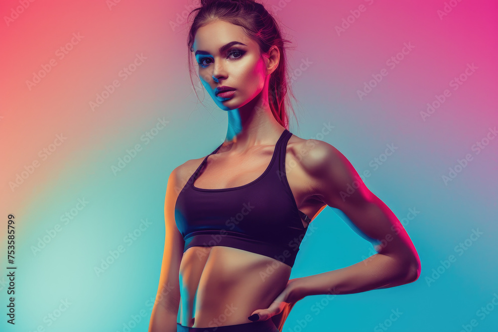 Portrait of sporty beautiful strong woman. Healthy athletic fitness model posing. Confident fashion female with torso, color background