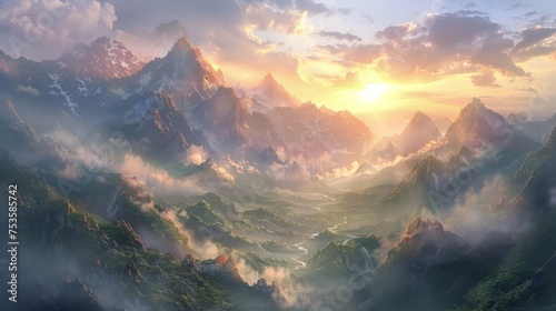 Surreal sunset illuminating a fantasy valley with majestic mountains, meandering rivers, and a soft mist wrapping the landscape.