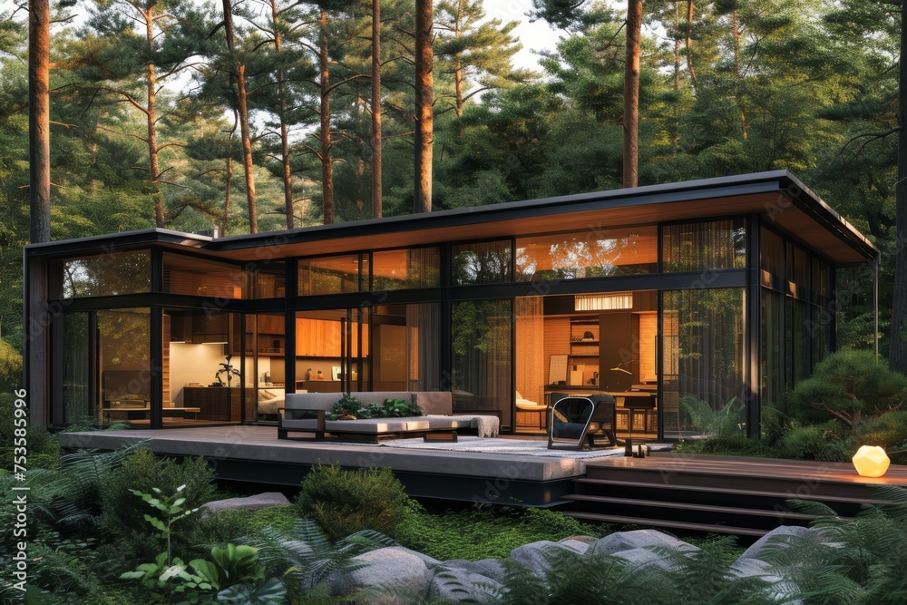 A modern minimalist house nestled in a lush forest setting, A modern minimalist house nestled in a lush forest setting,