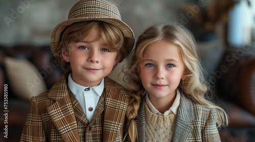 portrait of a cute smiling couple of children, in respectable suits
