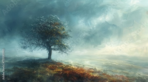 An impressionistic painting depicts a lone tree standing resilient under a tumultuous sky rendered in bold brushstrokes.