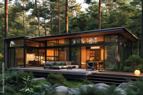 A modern minimalist house nestled in a lush forest setting, © Boinah