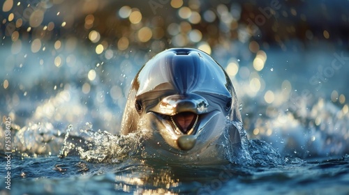 A delightful dolphin swims in the sparkling waters, with a radiant smile and bokeh of light reflecting off the ocean's surface.