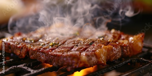 appetizing fried steak with spices on a grill grate, smoke rising, banner, poster