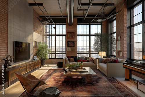 Living room with industrial-style exposed brick walls