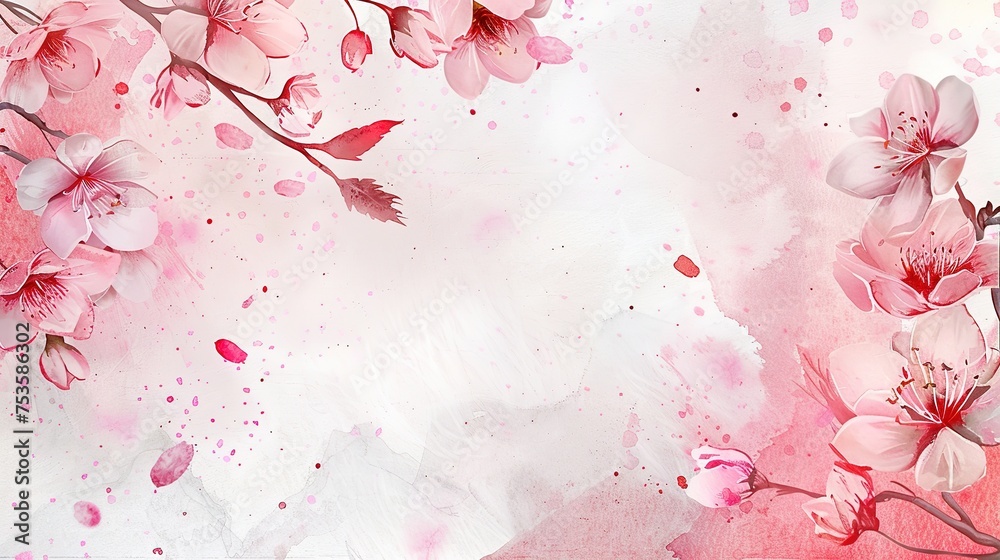 Flat lay frame with blossom sakura branches, leaves and petals on watercolor spring background. Top view, floral frame, abstract design. Invitation, greeting card or an element for your design. Flat lay frame with blossom sakura branches, leaves and petals on watercolor spring background. Top view, floral frame, abstract design. Invitation, greeting card or an element for your design.
