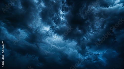 Dramatic, dark, blue cloudy sky overlay, Sky-overlays. Dramatic sky and lightning. Bad weather with dark clouds. Rain And Thunderstorm In Dramatic Sky