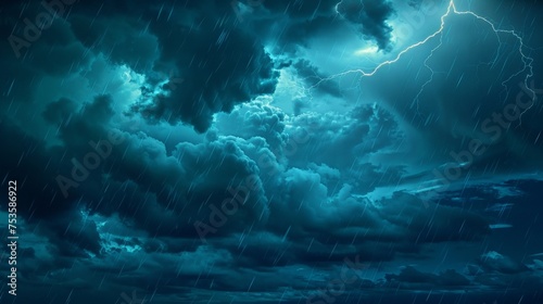 Dramatic, dark, blue cloudy sky overlay, Sky-overlays. Dramatic sky and lightning. Bad weather with dark clouds. Rain And Thunderstorm In Dramatic Sky