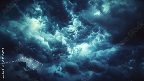 Dramatic, dark, blue cloudy sky overlay, Sky-overlays. Dramatic sky and lightning. Bad weather with dark clouds. Rain And Thunderstorm In Dramatic Sky