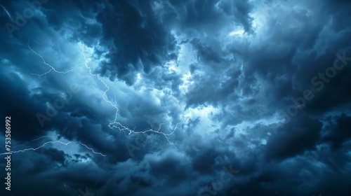 Dramatic, dark, blue cloudy sky overlay, Sky-overlays. Dramatic sky and lightning. Bad weather with dark clouds. Rain And Thunderstorm In Dramatic Sky