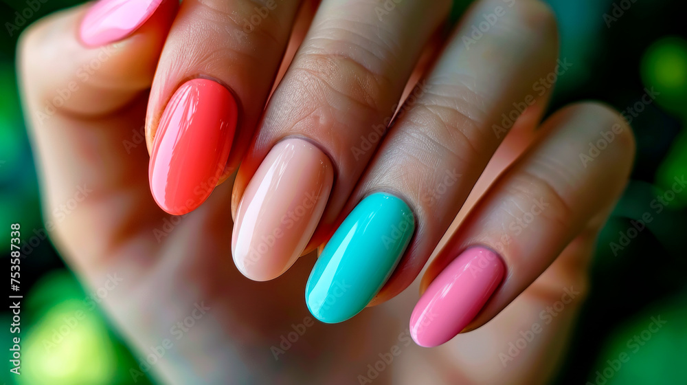 Multi-colored gel polish coating in pastel tones close up, professional manicure. Multi-colored gel polish coating in pastel tones close up, professional manicure.