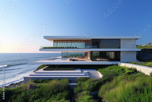 A modern minimalist house perched on a cliff overlooking the ocean © Boinah
