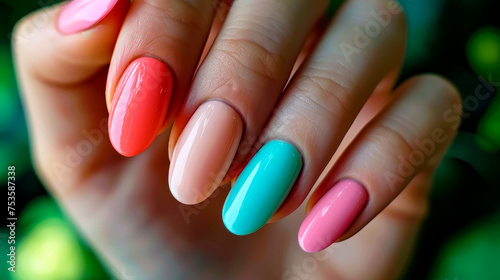 Multi-colored gel polish coating in pastel tones close up, professional manicure.