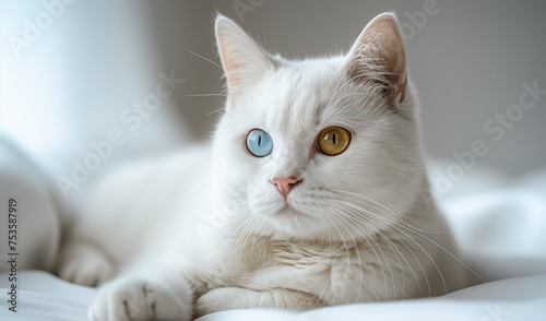 White cat Eye blue and yellow, cat breedsKhao Manee Thai cat Or Felis catus on white background, cat on white floor On blankets and carpets, clean colors , Cat concept background cover wallpaper