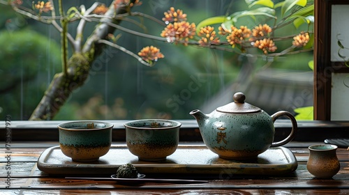 Tranquil tea ceremony set up, traditional teapot and cups on wooden tray amidst nature. serene and stylish asian tea time. AI
