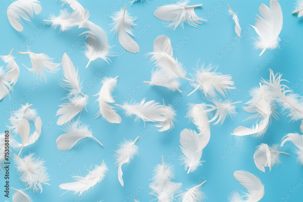 soft, white feathers gently floating against a serene blue background, ideal for background imagery in peaceful design themes or as a tranquil wallpaper for relaxation and mindfulness applications soft, white feathers gently floating against a serene blue background, ideal for background imagery in peaceful design themes or as a tranquil wallpaper for relaxation and mindfulness applications