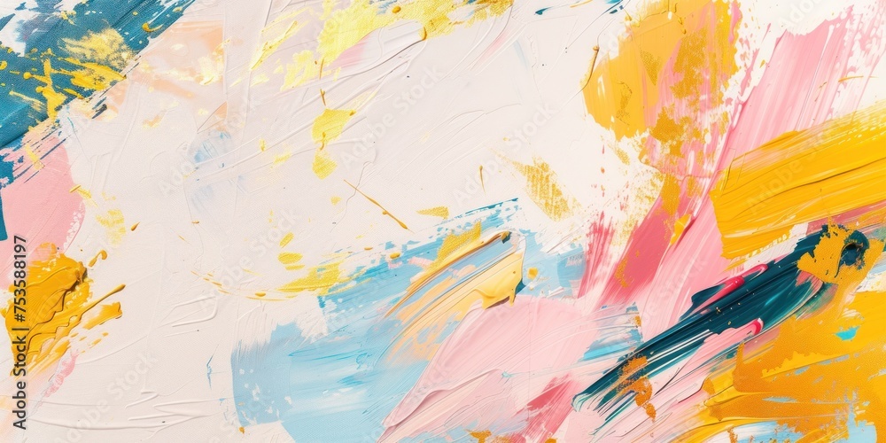 An explosion of colorful brushstrokes in yellow, blue, and pink, this abstract painting can serve as a bold statement piece in a gallery or provide a splash of color to creative marketing materials.