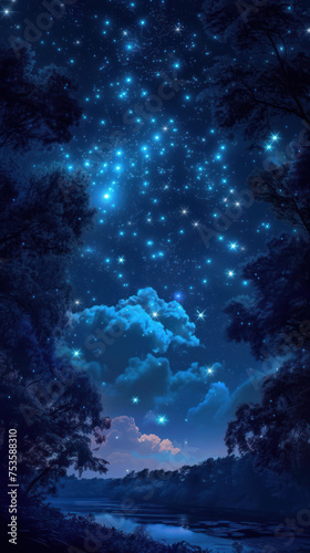 A breathtaking nightscape with twinkling stars amidst clouds framed by silhouette trees  perfect for a fantasy novel cover or an astronomy website background.