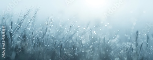 Icy blue hues and delicate dewdrops create an ethereal atmosphere on a field of grass, ideal for winter themes or refreshing product advertisements.
