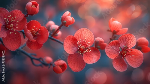 Vibrant red spring blossoms on branch, close-up view. nature's beauty in bloom. perfect for backgrounds and wallpapers. AI